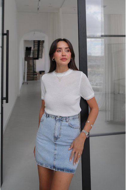 Ecru Lace Collar Short Sleeve Knitwear Blouse