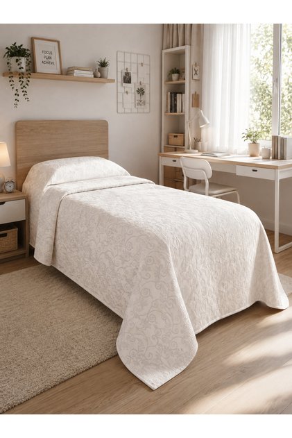 Leafy %100 Pamuklu Tek Kişilik Dolgulu Jakarlı Yatak Örtüsü – 160 x 250 cm