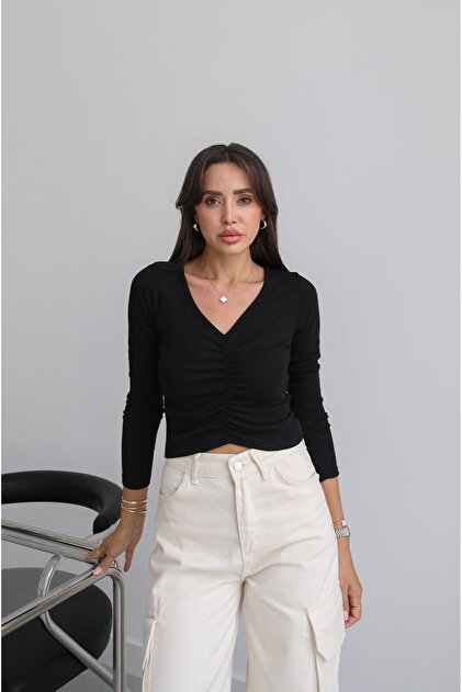 Black V-Neck Gathered Front Blouse