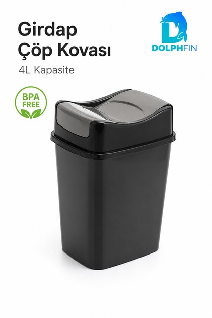 Girdap 4 Litre Sallanır Kapaklı Mini Çöp Kovası Banyo Mutfak Ofis Siyah Füme