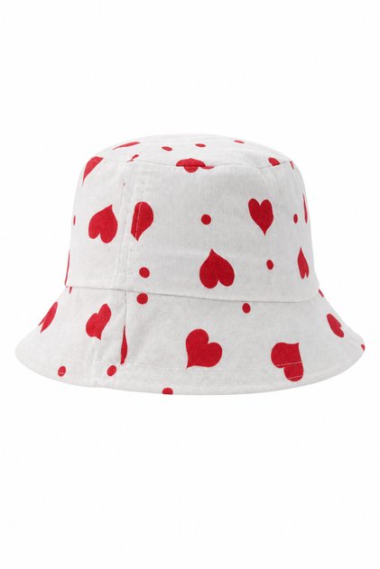 White Red Heart Patterned Summer Bucket Hat Unisex for Beach and Daily Use