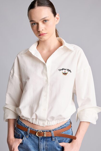 100% Cotton Oversize Crop Elastic Skirt Chest Embroidered Shirt I3033Ax26Au