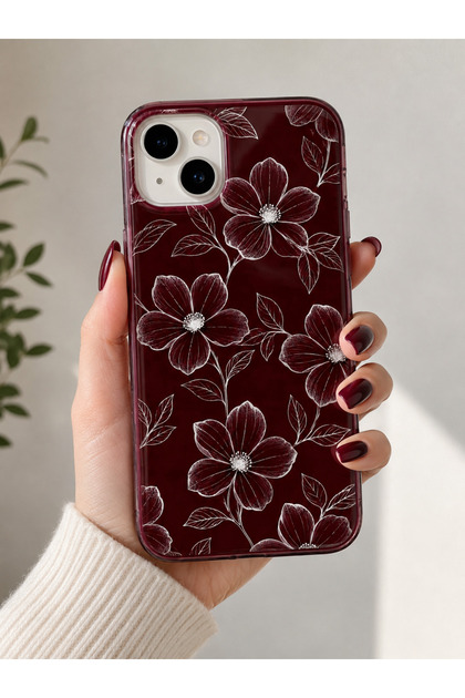 İPhone 13/14/15 Uyumlu Bordo Çiçek Desenli Kadife Soft Telefon Kılıfı