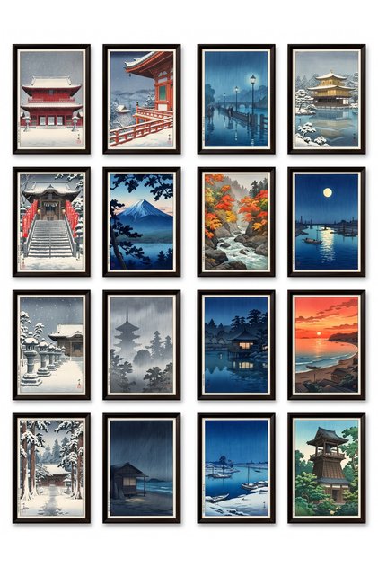 Kawase Hasui Paintings 16-Piece Sticker Set Laptop Notebook Agenda Label
