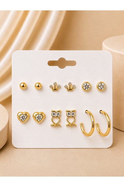 Baykuş Kalp Detaylı Gold Renk 6'lı Küpe Seti