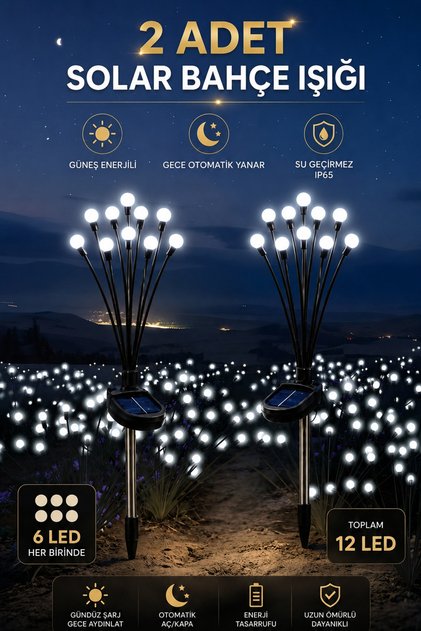 2 Adet Solar Bahçe Aydınlatma Işığı 12 LED Güneş Enerjili Su Geçirmez Beyaz Işık Dekoratif Lamba