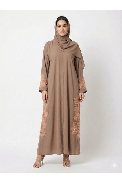 Mocha Side-Artisan Abaya | Rizqé Luxury Coffee Brown Hand-Embroidered Vertical Detail Wrap