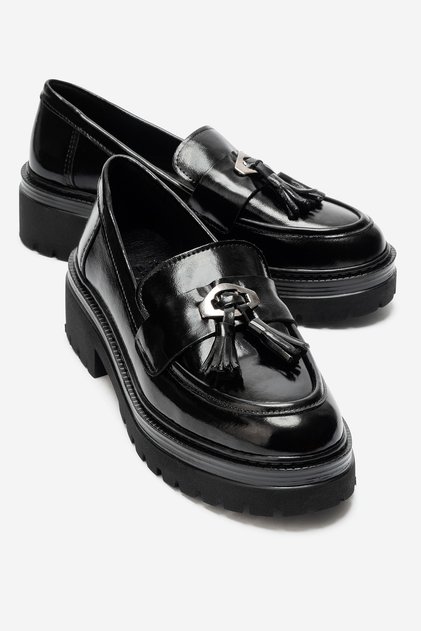 Marsy Black Patent Leather Genuine Leather Tasseled Women's Loafer Shoes