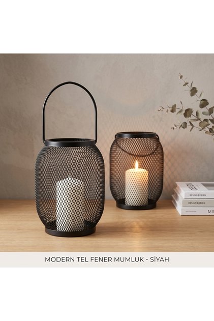 Dekoratif Siyah Metal Tel Fener Mumluk - Rustik Masaüstü Şamdan