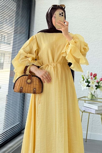 Long Lined Hijab Dress with Ruffled Sleeves Stylish Modern