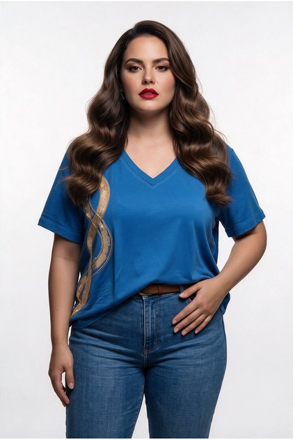 -bb Kadın V Yaka Pamuklu T-Shirt Metalik Şerit Detaylı Standart Kalıp 25YXD5076