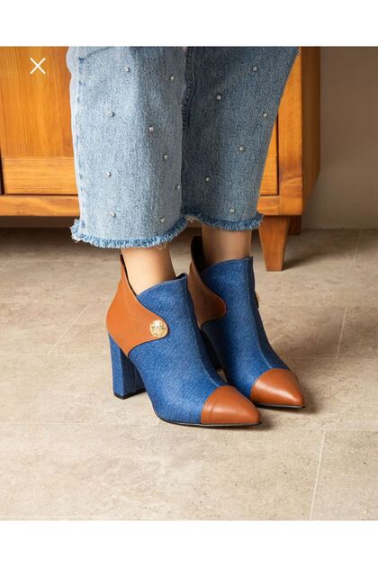 Layla Denim Tan Leather Detail 7 cm Heel Boots Bottie