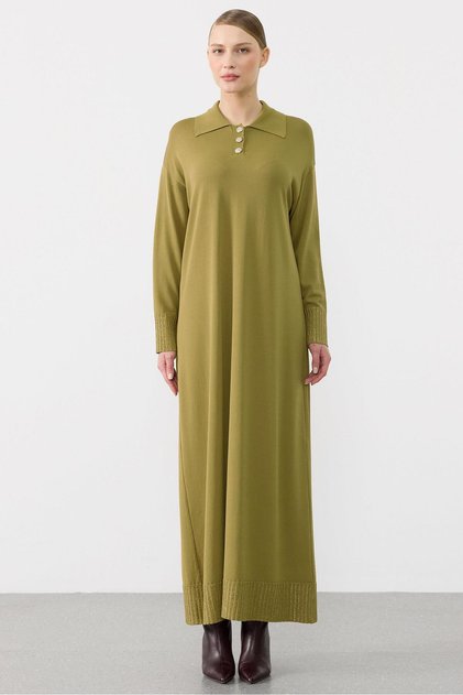Pola Yaka Rayon Elbise OLİVE