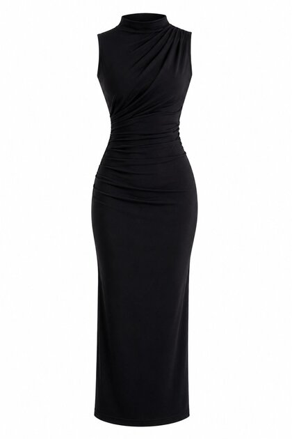 Black Draped Slit Midi Dress - 2Y4114