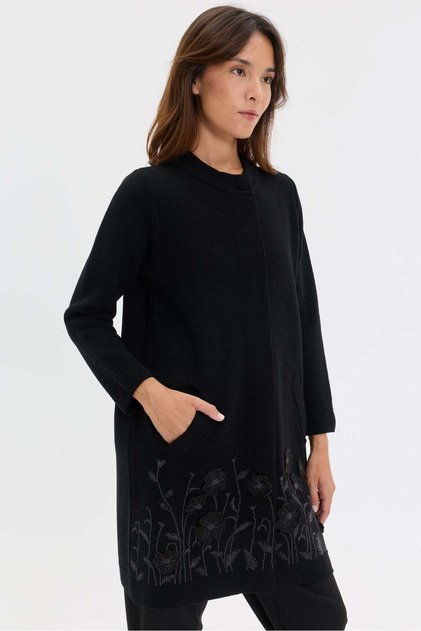 Women's Stand Collar Felt Floral Embroidered Long Wool Coat Black