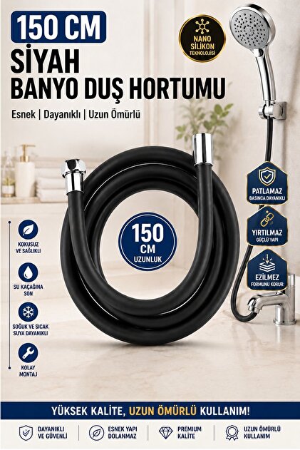 Nano Silikon Patlamaz Yırtılmaz Ezilmez Duş Hortumu 150 cm Siyah Banyo Duş Hortumu