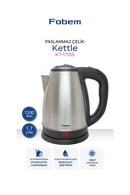 KT-1715S 1500W Saplı Uzun Ömürlü Paslanmaz Çelik Su Isıtıcı Kattle