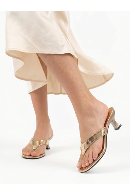 Gilda Gold Yellow Metallic Mirrored Low Goblet Heel Daily Stylish Women's Slippers Women's Sandals