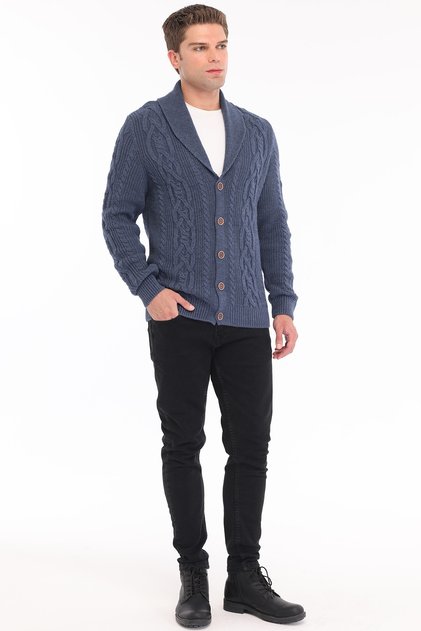 Indigo 80% Wool 20% Acrylic Hair Knit Patterned Buttoned Shawl Collar Knitwear Cardigan Trist-5369