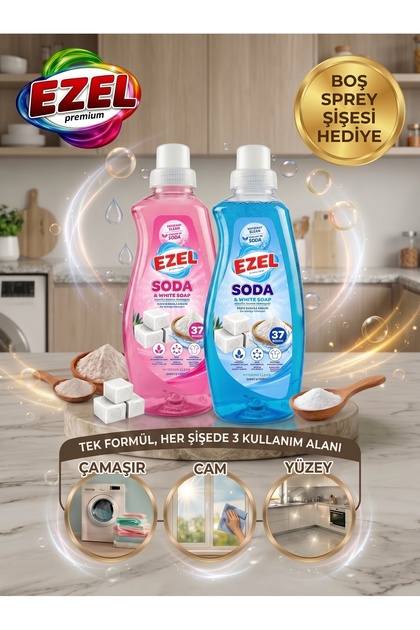 Premium Sıvı Deterjan Mavi ve Pembe İkili Kombinasyon Paketi - Soda & Beyaz Sabun ve Soda & Arap Sabunu (Çamaşır, Cam, Yüzey) 2'li Set + Sprey Şişe Hediye
