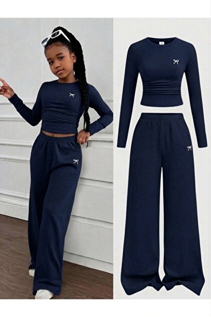 Girls' Small Bow Printed Sweatpants Top-and-Bottom Set