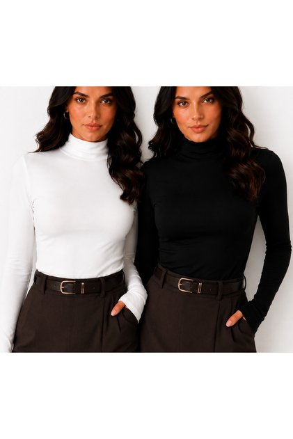 Women's Ecru Black Double Collar Long Sleeve Viscose Elastane Trendy Blouse