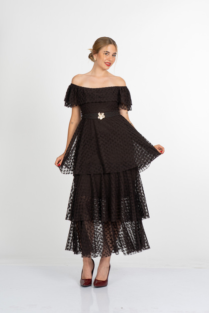 Women's Summer Coffee Madonna Collar Layered Tulle Dress 50428