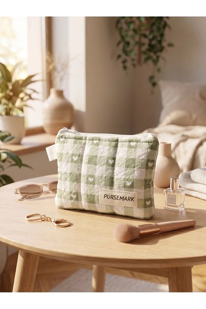 Green Heart Gingham Patterned Handmade Small Wallet