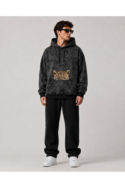 Unisex Oversize Batik Desenli Kapüşonlu 3 İplik Kışlık Hoodie