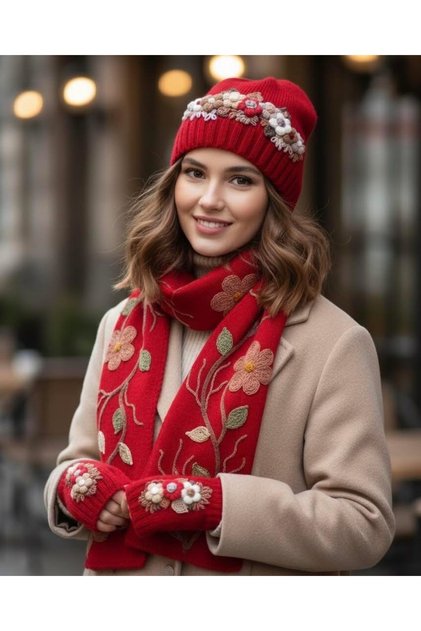 Edirne Knitted Women's Red Hand Knitted Flower Embroidered Beanie Scarf Gloves 3-Piece Winter Set