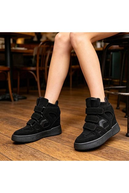 Adidași de damă, cu platformă, din piele ecologică pe o parte, D1512, Negru