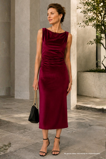 Drape Yaka Büzgü Detaylı Bordo Kadife Midi Elbise