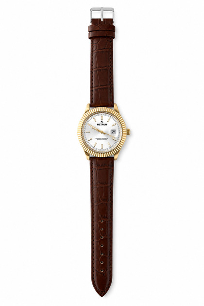 MTR-351035 Heritage Collection Erkek Saat - Beyaz Gold Fluted Bezel Kahve Deri Klasik Model