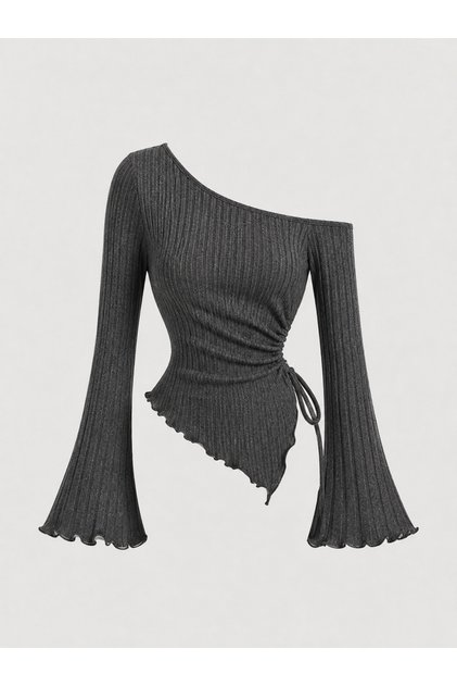 Anthracite One-Shoulder Ribbed Knitwear Blouse, Side Gathered Spanish Sleeve Asymmetrical Cut Women's Anthracite Gray Blouse
