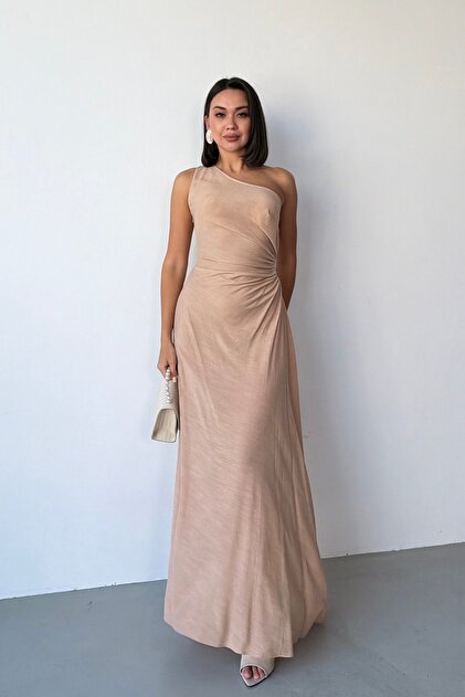 Beige One-Shoulder Waist Draped Dress with Panel Detail