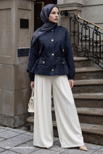 Drawstring Pocket Detail Lined Navy Blue Short Trench Coat