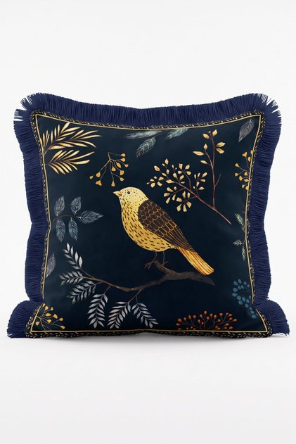 Night Owl and Golden Branch Patterned Navy Blue Fringed Decorative Throw Pillow Cover