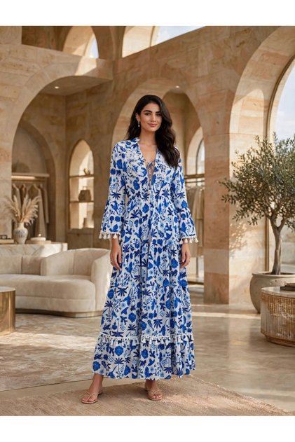 Floral Embroidery V-Neck Tassel-Trimmed Maxi Dress