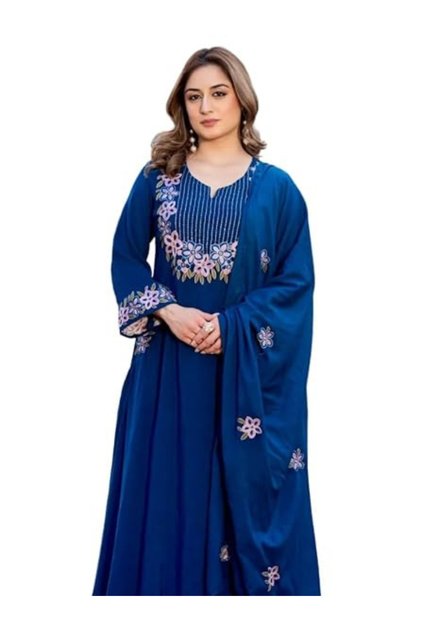 Royal Blue Viscose Embroidered Kurta Trouser Set - ALV2277 | Royal Blue-Size:L-40-Inches