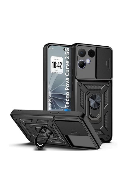 Tecno Pova Curve 2 5g Compatible Tank Case with Ring Extra Impact Protection Armored Outdoor Cover Black