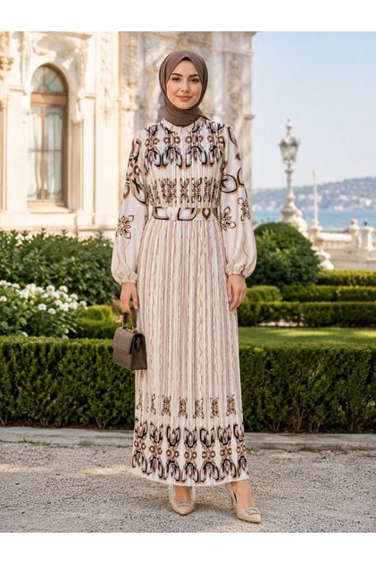 TABA DESENLİ KUŞAKLI PİLİSELİ SATEN ŞIK TESETTÜR ELBİSE
