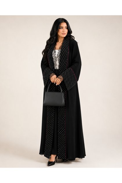 Abaya Balloon Black Crepe Fabric Embellished with Fabric