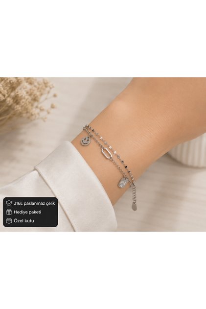 316L Stainless Steel Silver Color Figure Detailed Multi Chain Women's Bracelet