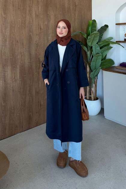 Apolet Detail Long Trench Coat Navy Blue