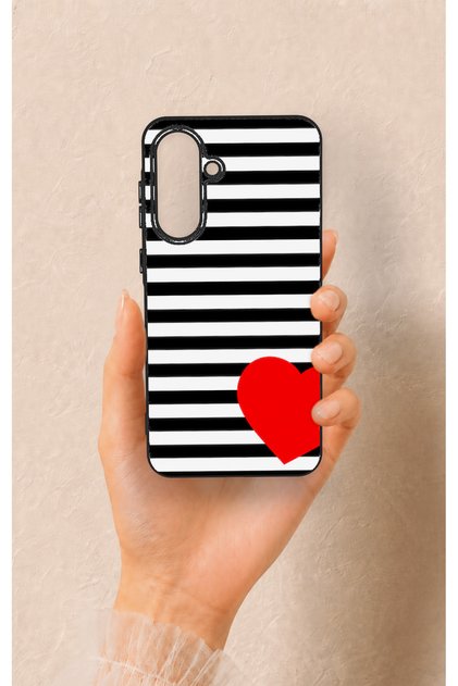 Samsung A56 Compatible Striped Red Heart Patterned Silicone Case