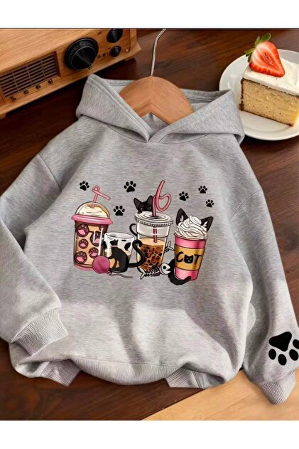 Girl's Drink and Cats Printed Hooded Gray Sweatshirt
