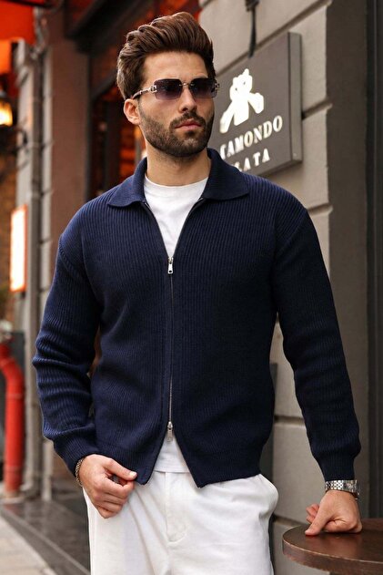 Marineblaue Strickjacke mit doppeltem Reißverschluss und Stehkragen für Herren E7521