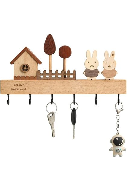 Key Holder with Shelf for Wall, Decorative Entryway Organizer Rack, Natural Color Hanging Hooks, Cut