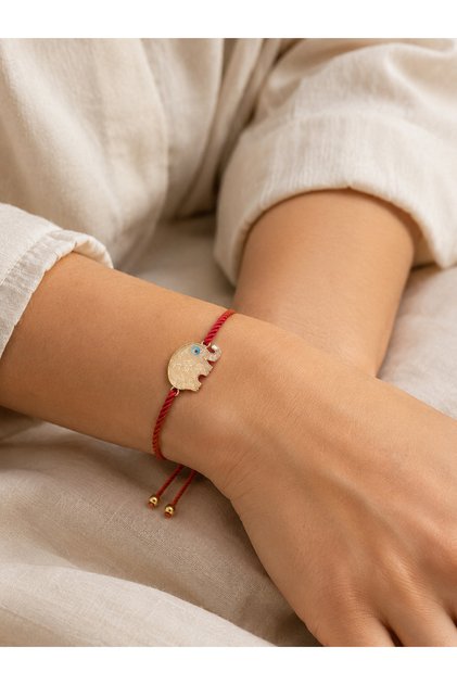 Red String Enamel Elephant Figured Adjustable Women's Bracelet with Evil Eye Detail