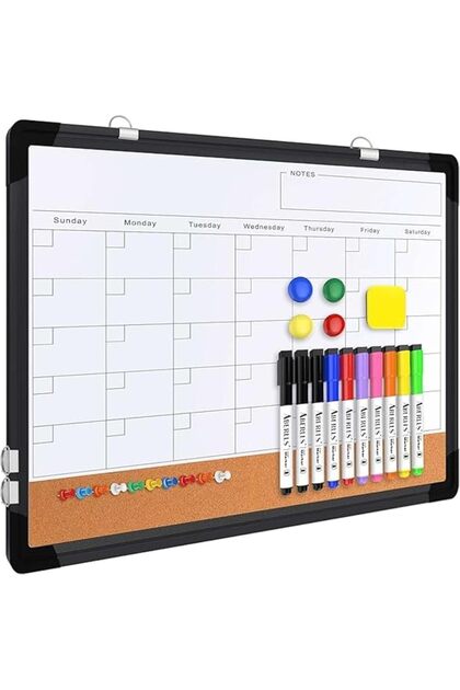 Magnetic Double-Sided Whiteboard Calendar, Wall-Mounted Weekly & Monthly Dry Erase Board wit